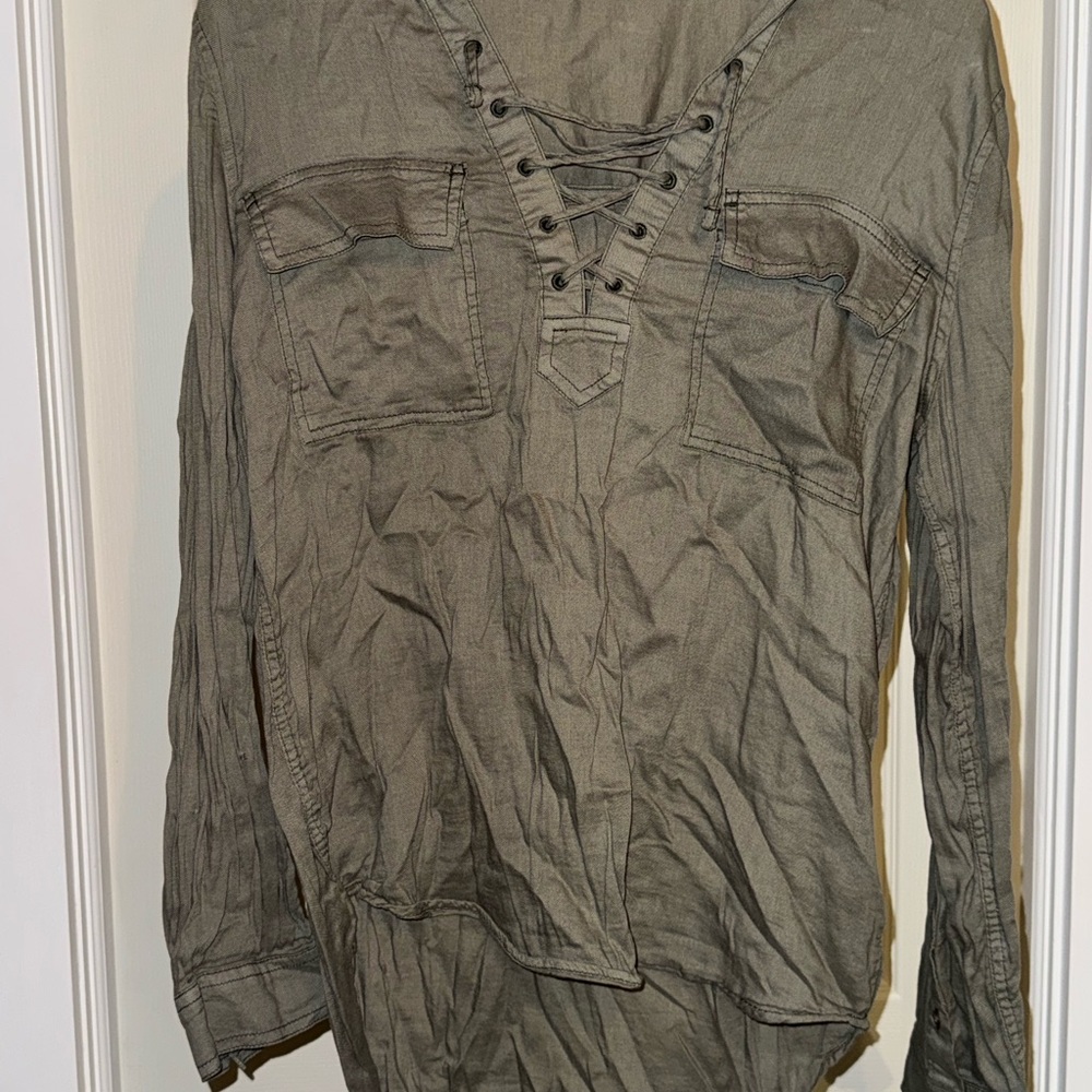 6/$15 Olive Lace-Up Long Sleeve Top